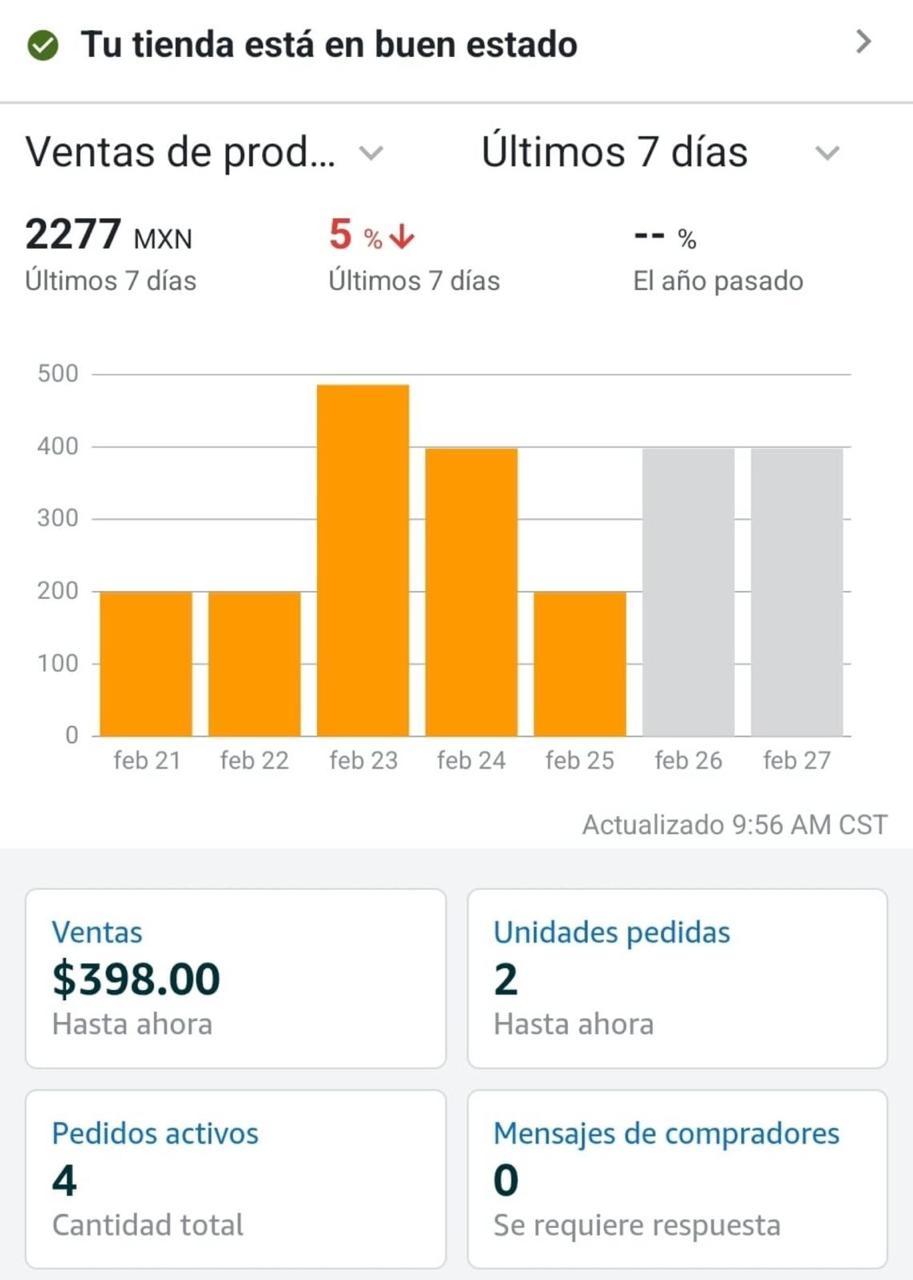 Captura de venta de alumno: $2,277 MXN en 7 días, $398 hasta ahora